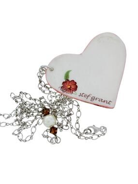 Vintage Sterling Silver Crystal Pearl Accent Ceramic Heart Pendant Necklace 21"